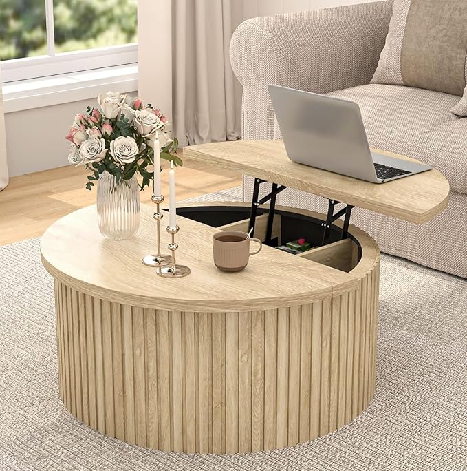 Lift Top Coffee Table with Storage, Round Coffee Tables for Living Room, 34.6'' Farmhouse Fluted Coffee Table, Wood Center Table with Large Hiddern Storage Compartment (Wood Color)