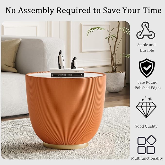 Round Living Room Table Set, 29.53" Orange Drum Center Table and 19.69" Orange Coffee Table Set, 2 Pieces Coffee Table Set with Sintered Stone Tabletop,Fluted PU Leather Covered and Metal Base