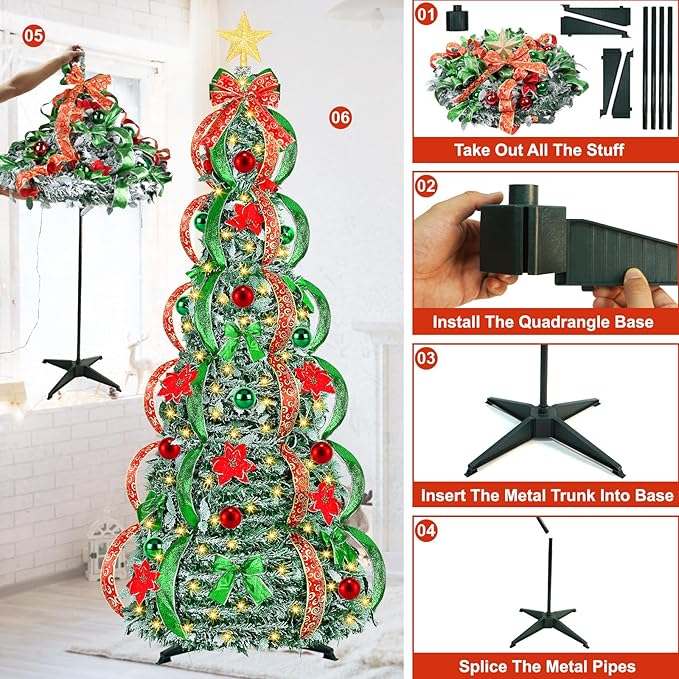 [ 8 Modes & Timer ] 6Ft Prelit Full Pop Up Flocked Pencil Christmas Tree with 200 Warm White LED Lights, Balls, Red & Green Ribbon, Bows, Plug in Collapsible Xmas Tree Outdoor Indoor Christmas Decor