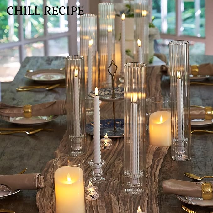 CHILL RECIPE Glass Hurricane Candlestick Holders Ribbed 12" Tall Cylinder Candle Holder Chimney Tube, Floral Taper Crystal Candle Stick Holder for Birthday Wedding Christmas Home Decor(1 Set 6Pcs)