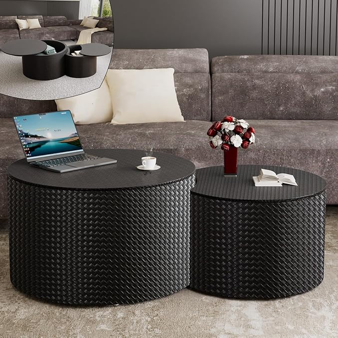 Nesting Coffee Table Set of 2 Modern Round Coffee Table with Hidden Storage Round Side Table Drum Accent End Tables for Living Room, Bedroom (Black)
