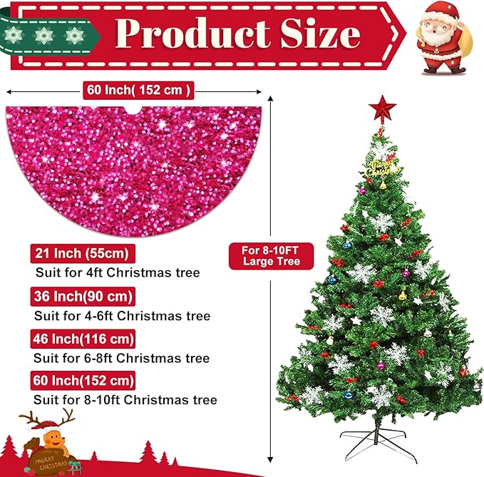 Large Christmas Tree Skirt 60 Inch Sequin Hot Pink Tree Skirt Sparkling Fabric Christmas Tree Mat Glitter Sparkle Xmas Tree Skirts Unique Glitter Xmas Tree Base Home Winter Holiday Display
