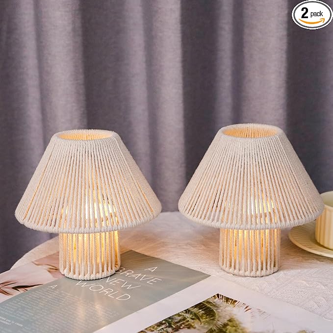 TRIROCKS Woven Cotton Rope LED Cordless Table Lamp Set of 2, 7'' Tall Battery Operated Desk Lamp, Boho Bedside Lamps Great for Living Room Bedroom Weddings Parties Patio Events