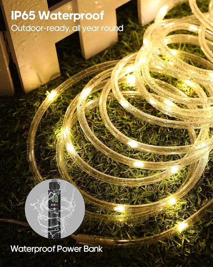 Rechargeable Rope Lights, 79FT 240LED Outdoor Waterproof String Lights with 1200mah Portable Rechargeable Battery, Timing & 8 Modes for Party Christmas Camping DIY Tree trampoline - Warm White 2 Pack