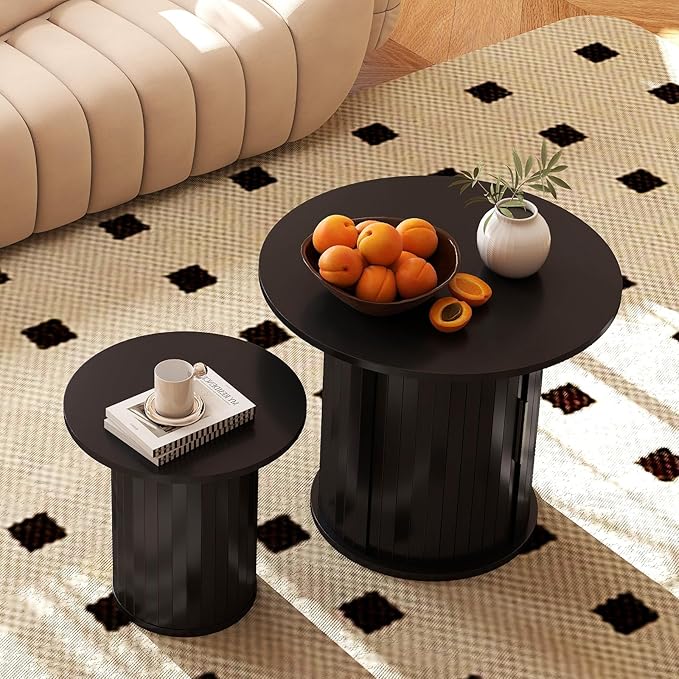 COSVALVE Nesting Coffee Table Set of 2 with Hidden Storage & Sliding Door, Circle Wood Coffee Table, Farmhouse Side & End Table Sets for Living Room, Small Spaces, Black