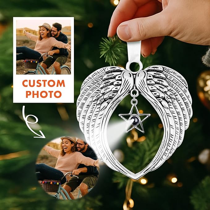 Custom Picture Ornaments, Personalized Christmas Ornaments with Photo Inside, Christmas Home Decor 2025 for Xmas Party, Memorial Christmas Ornament Gifts for Family(Angel Wings)
