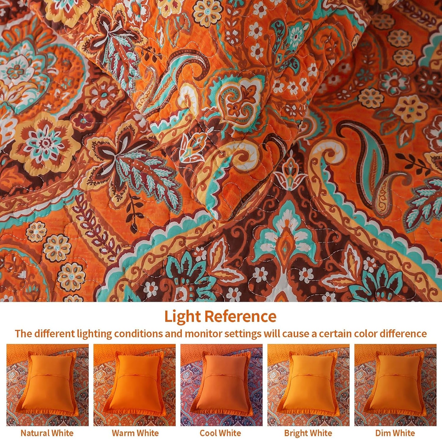 VAPUTAR Cotton Quilt King Size, King Size Quilt Bedding Set with Bohemian Damask Pattern-3Pieces Lightweight Reversible Soft Bedspread Coverlet (98 * 106 in) Suitable for All Season （Light Orange）
