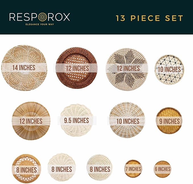 RESPOROX ELEGANCE YOUR WAY Set of 13 Hanging Woven Baskets for Wall Decor - Handcrafted Bamboo, Rattan & Seagrass Baskets come with Hanger Nails, Marking Pencil & Templates