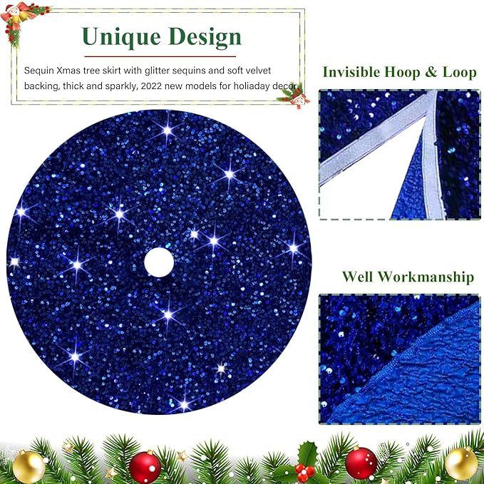 FUHSY Royal Blue Christmas Tree Skirt 48 Inch Sequins Tree Skirts Velvet Fabric Christmas Tree Floor Mat Sparkle Tree Cover Skirts for 6ft Tree Winter Holiday Christmas Decoration Blue Tree Skirt