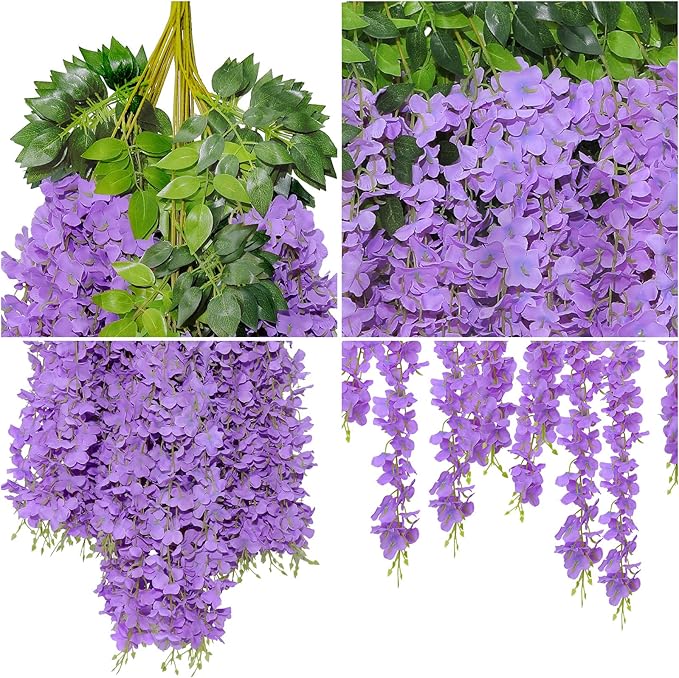 U'Artlines 24 Pack (Total 86.4 Feet) Artificial Fake Wisteria Vine Rattan Hanging Garland Silk Flowers String Home Party Wedding Decor (24, Purple)