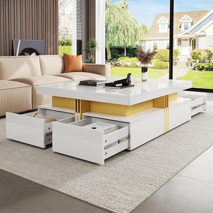 Merax 43.3" Modern Glossy Square Storage Coffee Table with 4 Drawers, Gold Accents, Functional Center Tables for Living Room Apartment, Glossy White