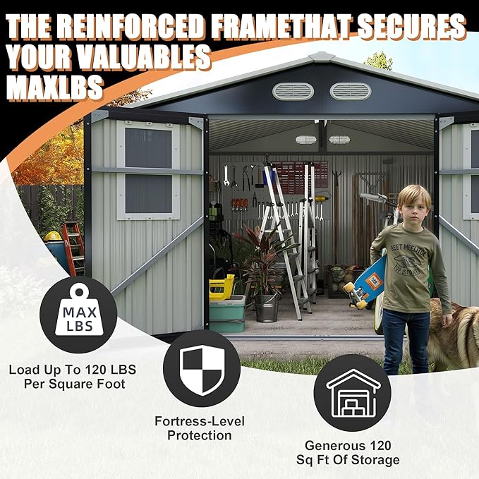 KEIKI 8x8 Metal Storage Shed with Protective Film, Four Daylight Windows, Lockable Doors, Heavy-Duty Color Steel Outdoor Storage Shed for Backyard Garden, Sheds & Outdoor Storage, Dark Gray