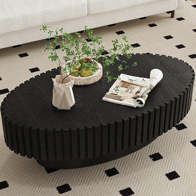 43.3” Oval Coffee Table Modern Fluted Coffee Table Handcrafted Relief Center Table with Sturdy Pedestal Mid Century Modern Center Table Tea Table for Living Room Apartment (Black)