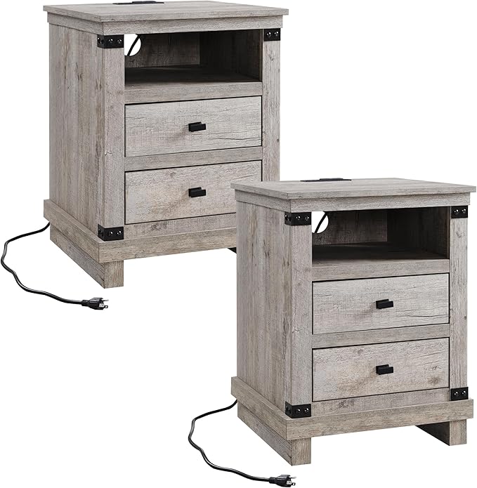 RedLemon Farmhouse Nightstand Set of 2 with Charging Station, 18" Rustic Night Stand with 2 Storage Drawers, Wood End Table for Bedroom, Living Room, Light Rustic Oak