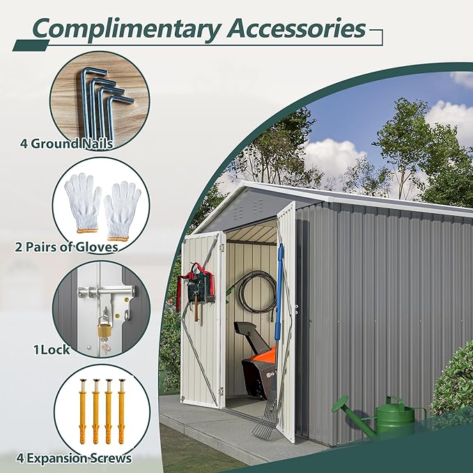 10x10 FT Outdoor Storage Shed, Large Metal Garden Shed with Lockable Hinged Doors, Outside Tool Shed with Sloped Roof & 4 Air Vents, Waterproof Storage Building for Backyard, Patio, Lawn, Gray