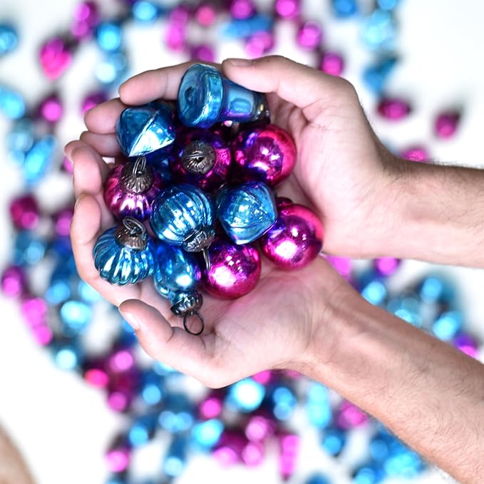 IndianShelf 50 Pieces Pink & Turquoise Glass Vintage Christmas Ornaments Mini Bulk Decorative Ornaments for Halloween, Christmas Tree, New Year, Valentine Day, Holidays, Event & Wedding(25 * 2 Boxes)