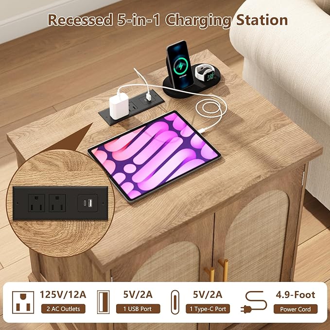Rattan End Table with Charging Station, 24" Large Sofa Side Table with 2 Arched Doors, Boho Wood Square Nightstand Bedside Tables with Adjustable Storage Shelf for Living Room, Bedroom