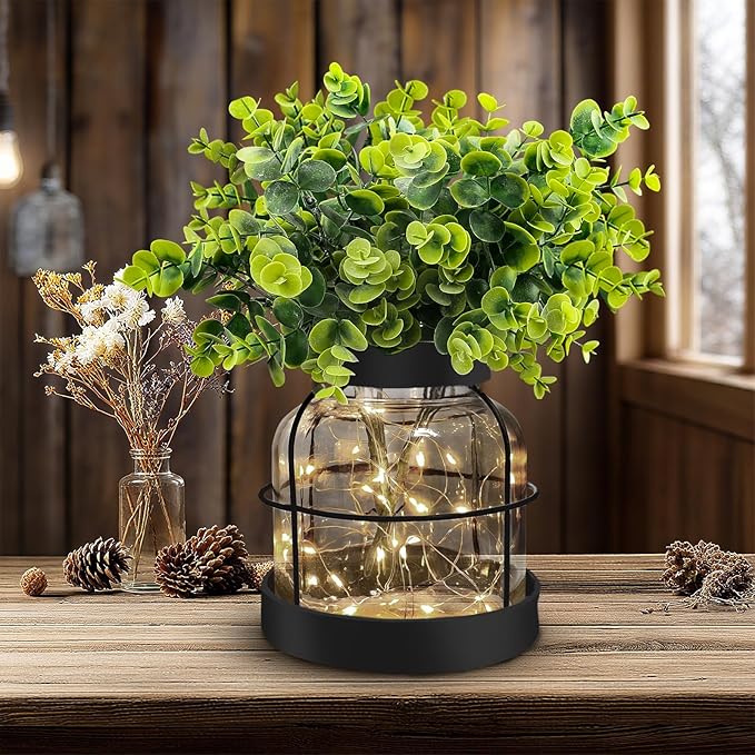 Rustic Farmhouse Glass Vases with Green Artificial Eucalyptus Plants & Lights Primitive Vintage Lantern Home Decor Centerpiece for Counter Coffee Table Shelf Office Dining Room Kitchen Bathroom,Black