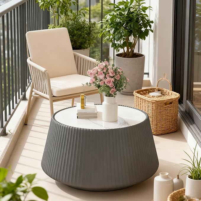 Round Living Room Table Set, 26.77" Grey Drum Center Table and 19.68" White Coffee Table Set, 2 Pieces Coffee Table Set with Sintered Stone Tabletop, Fluted PU Leather Covered and StableBase