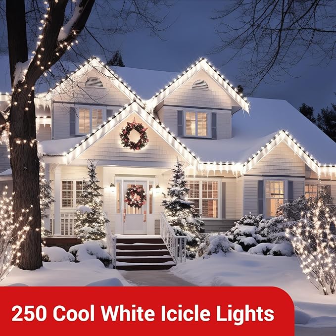 new one Cool White Icicle Lights with White Wire with 2 Cord Reels, 2 Pack Totalling 93.4FT, 240 Drops 500 LED Connectable Christmas String Lights Holiday Party (46.7 FT 250 LED 120 Drops for 1 Pack)