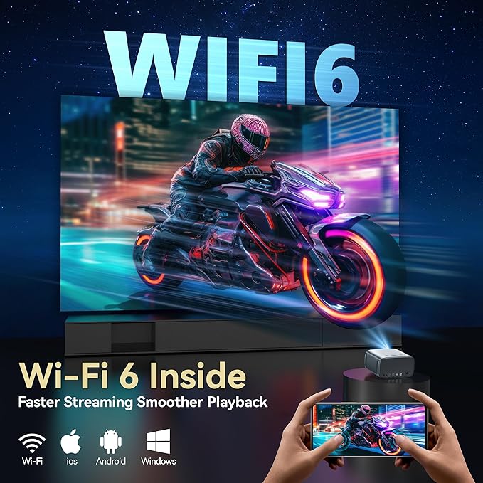 Smart Projector with WiFi and Bluetooth Built-in Streaming Apps, Portable Mini Outdoor Projector, AI Auto Focus & Keystone, Home Movie Projector with 30W Dolby, HDR10+, Ceiling Projector for Bedroom