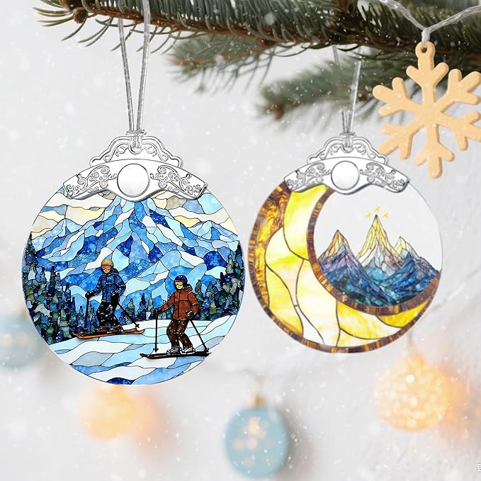 Stained Glass Ornament, Christmas Ornaments, Christmas Decorations for Tree, Holiday Ornament, Gifts for Skiers, Holiday Party Gifts, Gift Ideas & Xmas Gift - Snowy Mountain