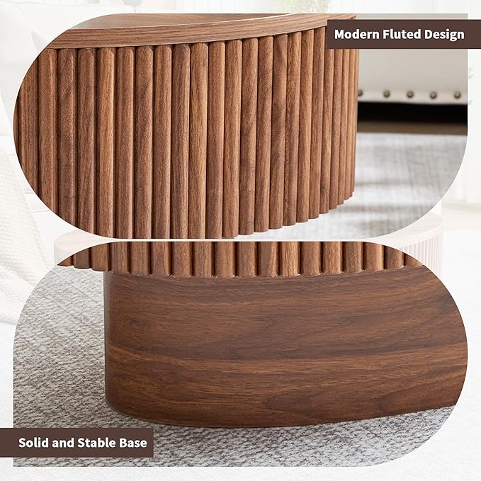 Oval Coffee Table with Hidden Storage, 31.5 Inch Wide Modern Coffee Table, Center Table with Fluted Veneered, Accent Tea Table for Small Space Living Room Apartment (Walnut)