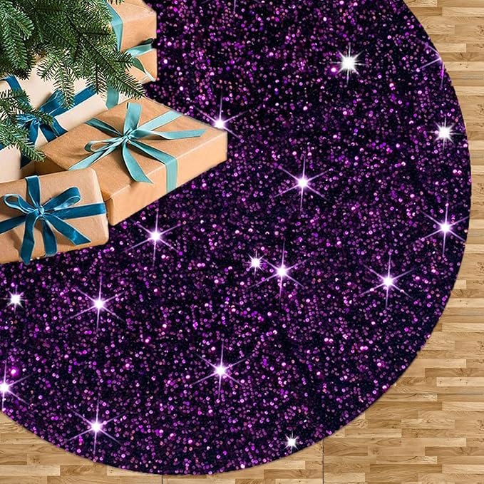 FUHSY Purple Tree Skirt Christmas 48 Inches Sparkly Sequin Tree Skirt Velvet Large Tree Skirts Collar Halloween Tree Skirts Royal Purple Christmas Tree Ornaments for Holiday Party Indoor Outdoor