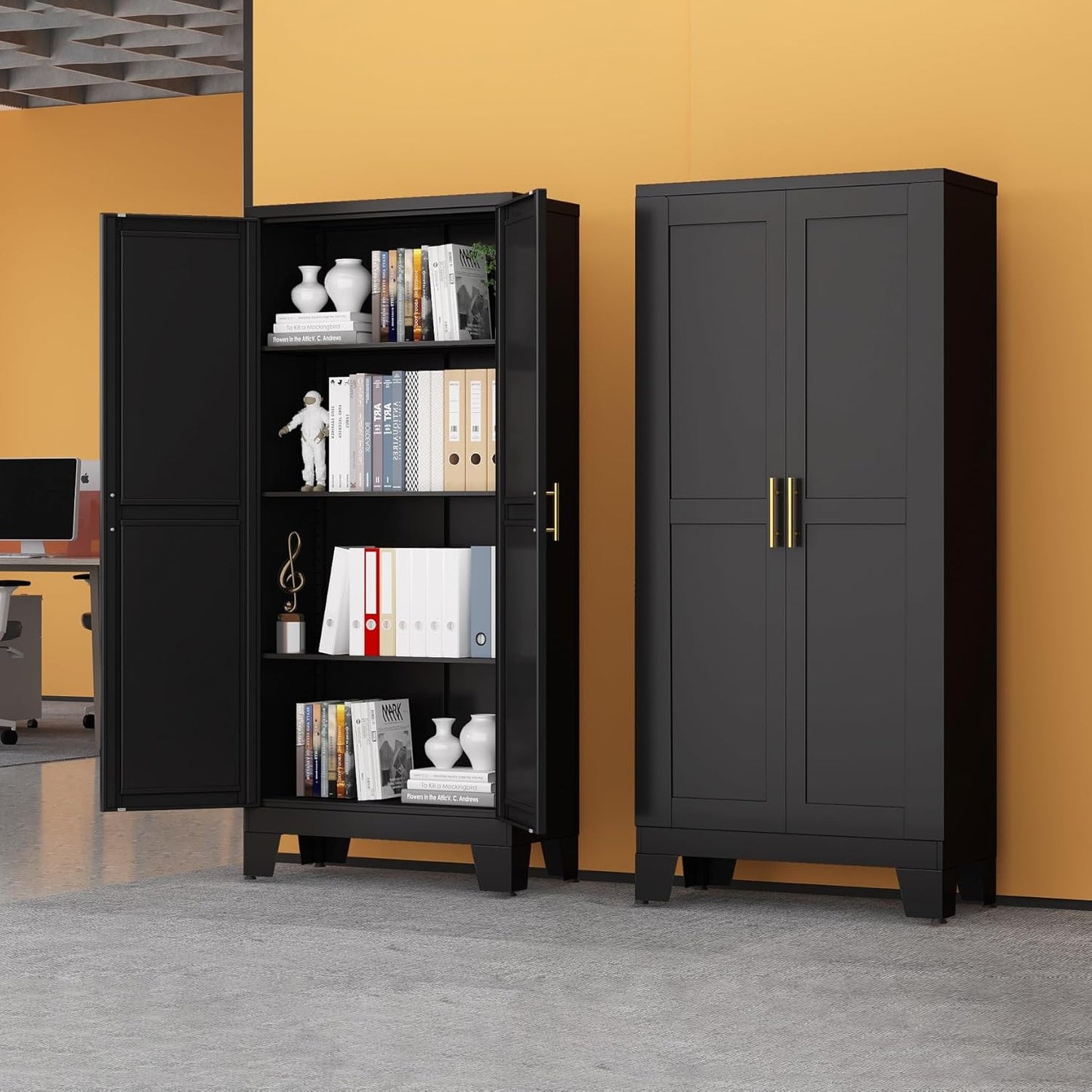 Black Metal Storage Cabinet, 61" Steel Cabinets for Home Office, Kitchen Pantry Storage Cabinet with Doors and 3 Adjustable Shelves, Metal Tool Cabinet, for Office, Home, Garage, School