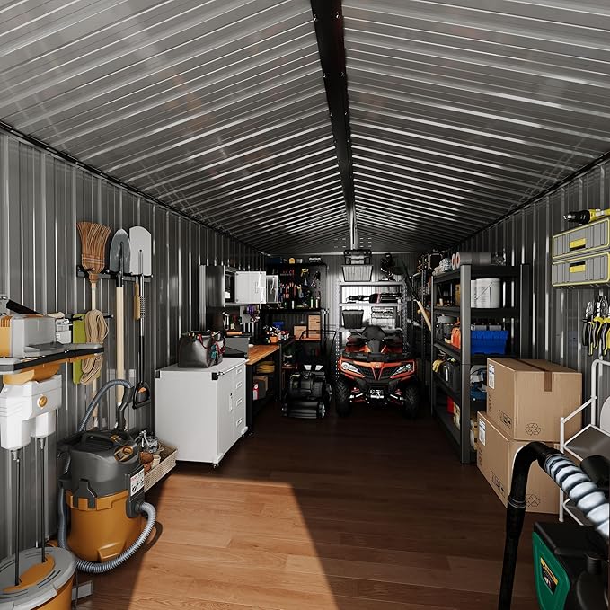 8X15 Ft Outdoor Metal Storage Shed with Roof, Weatherproof Steel Tool Shed with Lockable Door for Lawn Mower, Bike & Garden Equipment Storage