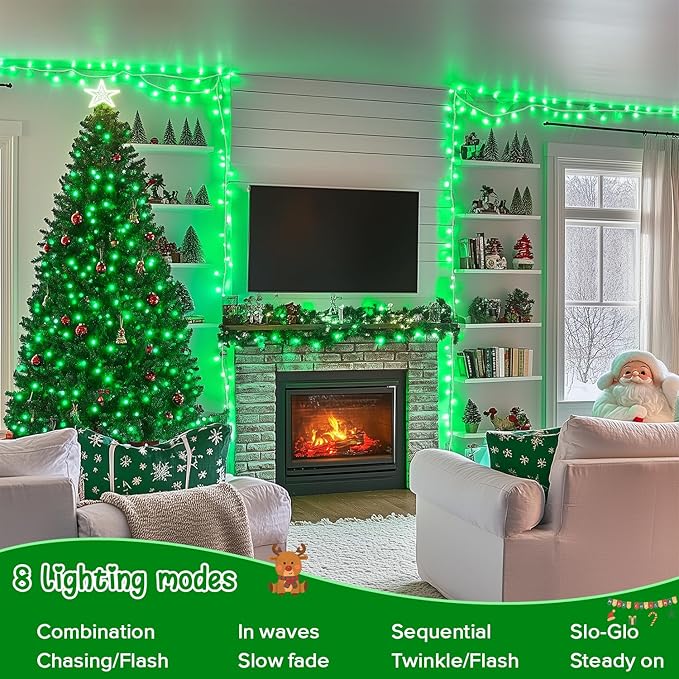 JMEXSUSS 2 Pack 100 LED Green Christmas Lights Indoor, 8 Modes Green String Lights Outdoor Waterproof, Clear Wire Connectable Christmas Tree Lights Plug in for Xmas Tree Bedroom Yard Party Decorations