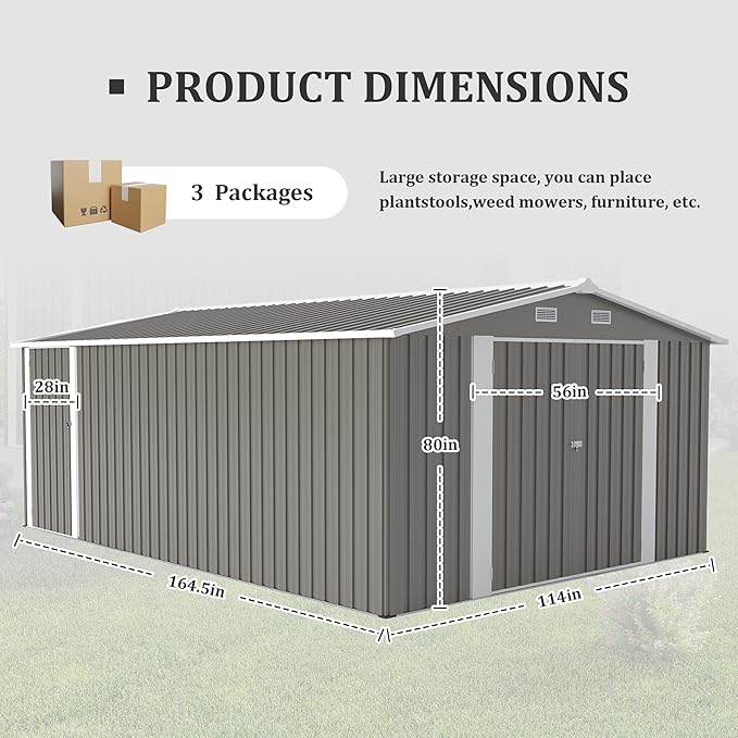 10x14 FT Outdoor Storage Shed, Large Metal Garden Shed with Side Door, Outside Tool Sheds with 3 Lockable Hinged Doors, Waterproof Storage Building with 4 Air Vents for Backyard, Patio, Light Gray
