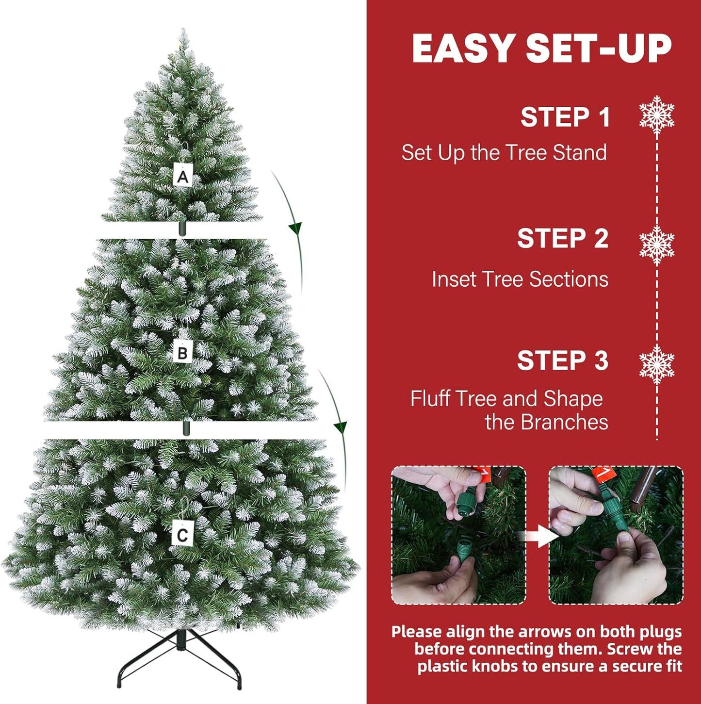 Hykolity 6 ft Prelit Christmas Tree with 250 LED Warm White Lights, Partially Snow Flocked Artificial Tree, 1032 PVC Branches, Metal Stand and Hinged Branches, Holiday Decoration for Home