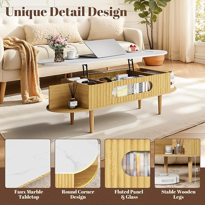47" Coffee Table, Wood Oval Center Table with 3 Hidden Compartment & 4 Open Space, Faux Marble Tabletop, Modern Coffee Table for Living Room, Home Office, Natural
