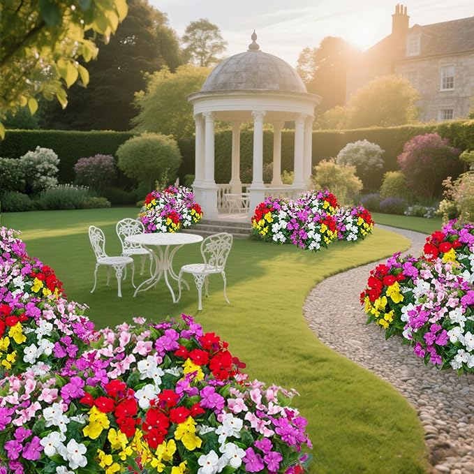 5PCS Artificial Impatiens Bouquet Flowers for Outdoors Silk Faux Flowers Fake Planters UV Resistant Summer Indoor Decor Garden Porch Patio Window Balcony (Mix Pink Red Purple Yellow White)