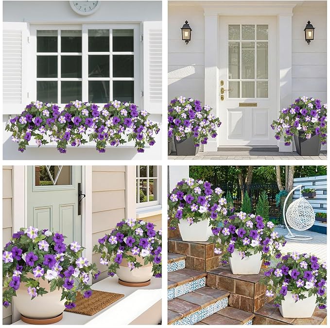 4PCS Artificial Fake Flowers Plants for Outdoors Decoration No Fade Faux Petunias UV Resistant Realistic Silk Flowers for Home Garden Balcony Yard Porch Deco (Purple White)