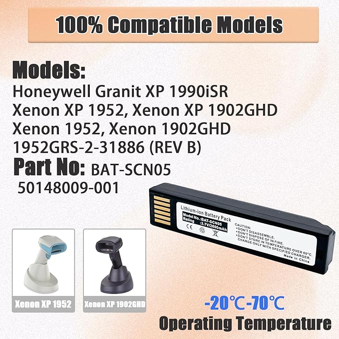 Replacement BAT-SCN05 2600mAh Li-ion Battery for Honeywell Granit XP 1990iSR, Xenon XP 1952, 1902GHD, Xenon 1952, 1902GHD, 1952GRS-2-31886 (REV B)