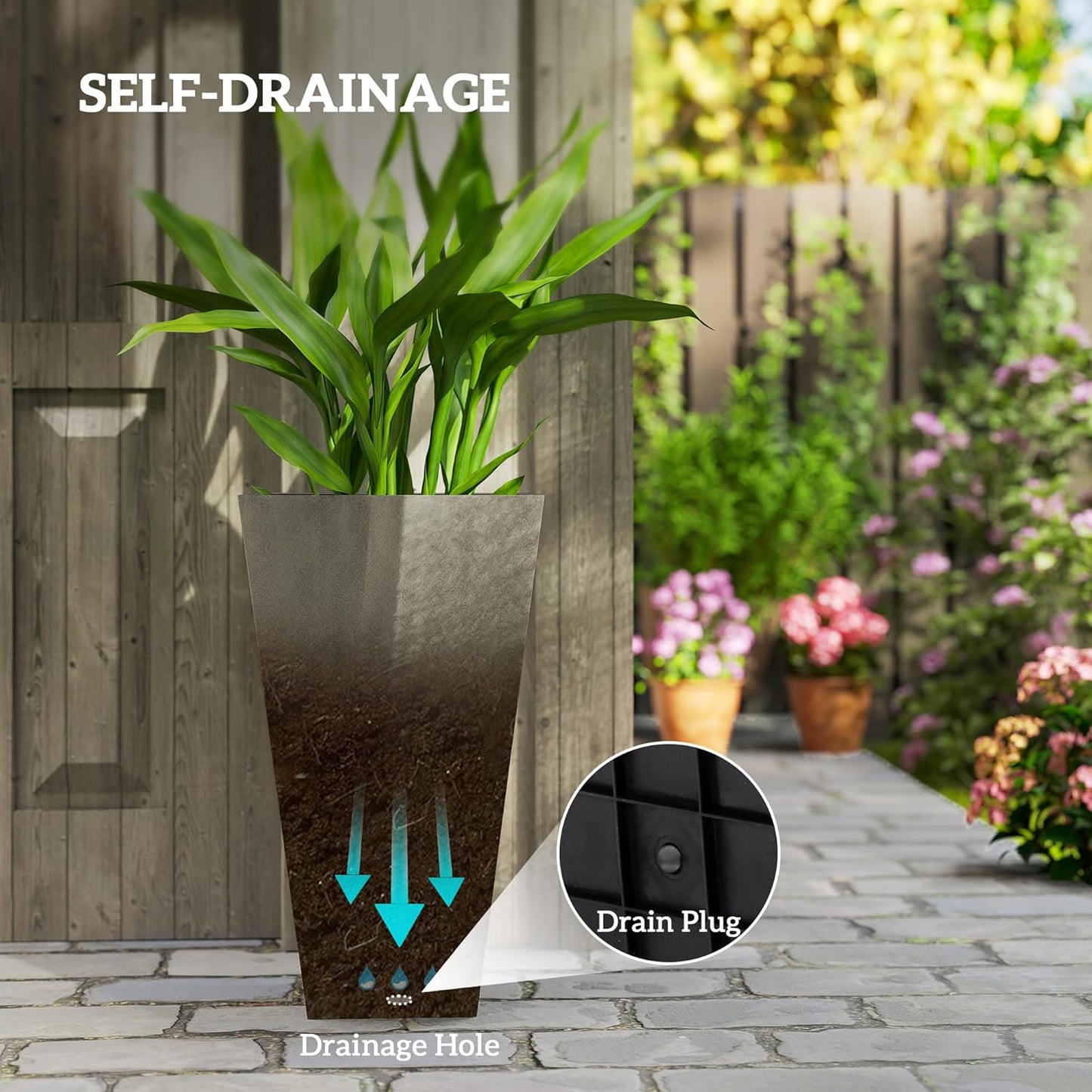 Outsunny Tall Planters for Outdoor Plants Set of 3, 28 in Taper Planters with Drainage Holes, Indoor Grande Plant Pots, Front Porch Decor, Grey