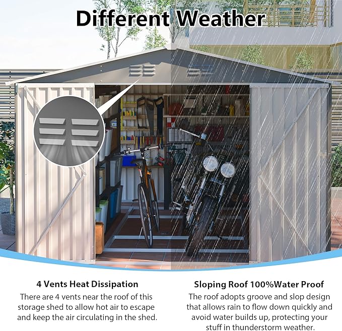 10x14 FT Extra Large Outdoor Metal Storage Shed with Side Door & Floor Frame, Lockable Double Doors, Heavy Duty Waterproof Garden Tool Shed for Backyard, Lawn Equipment, Patio & Utility Storage