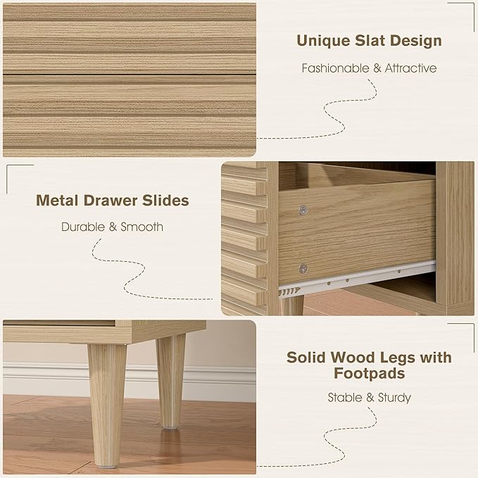 Alohappy Nightstands Set of 2, Bedside Table for Bedroom, End Table with 2 Drawers, Mid Century Modern Bed Side Table with Storage Vintage Wood Accent Table for Living Room, Oak 2pcs