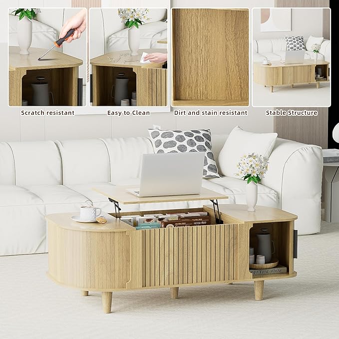 Oval Lift Top Coffee Table, Mid Century Modern Center Table with 3 Hidden Compartment, Coffee Tables with Storage Open Shelf and Sliding Cabinet Door for Home Living Room Office (Natural)