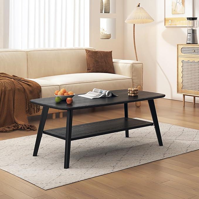 Coffee Table Small Solid Wood Center Table Mid Century Vintage Living Room Coffee Table, Black 39.37 Inch
