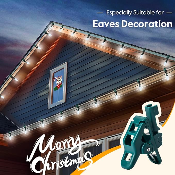 2PACK C9 LED Christmas Lights with 100 Spring Clips, Total 100ft 100 LED Waterproof Strawberry String Lights, Commercial Grade Extendable Perfect for Roofline Patio House Xmas Decor, Pure White