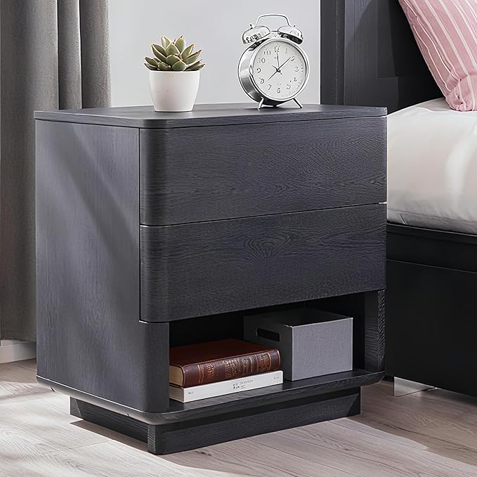 JXQTLINGMU 22" Modern Nightstand with Charging Station, Large Push-to-Open End Table, Wood Bedside Table w/Curved Profile Design, Handleless 2 Drawer Night Stand for Bedroom, Living Room, Black