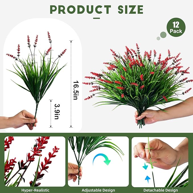 12 Bundles Artificial Lavender Flowers Faux Plants for Outdoor Fake Monkey Grass with Flowers Realistic Faux Greenery Shrubs for Porch Planters Patio Garden Window Boxes Pathway Decor (Red)