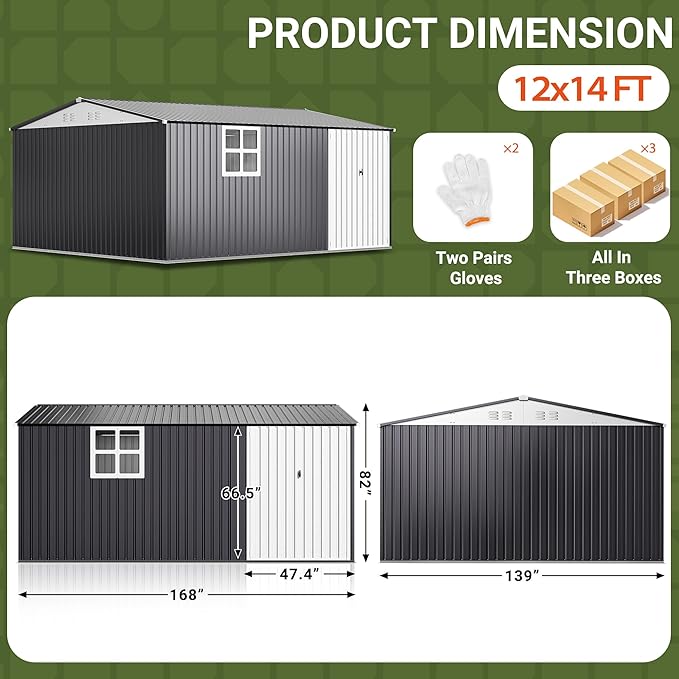 Polar Aurora 12X14 FT Outdoor Storage Shed with Windows, Metal Garden Shed with Updated Lockable Doors and Frame Structure, Large Tool Sheds for Backyard Garden Patio Lawn,Black