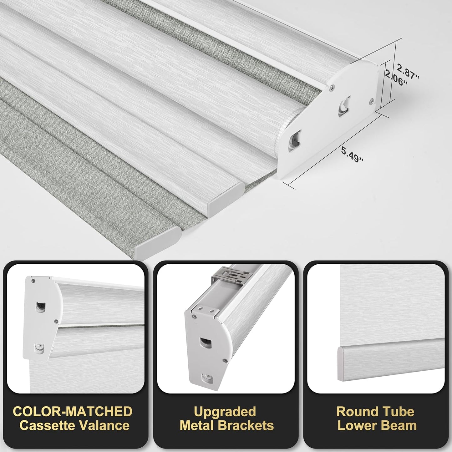 BERISSA Cordless Dual Roller Shades with Cassette Valance, Blackout and Light Filtering Shades for Home Office and Door. Linen Grey and White. 62 W x 72" H