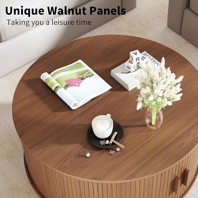 31.5 Inch Round Coffee Table, Fluted Coffee Tables with Storage, Mid-Century Modern Center Tables, Living Room Table with Sliding Door and Wood Handle for Living Room, Walnut