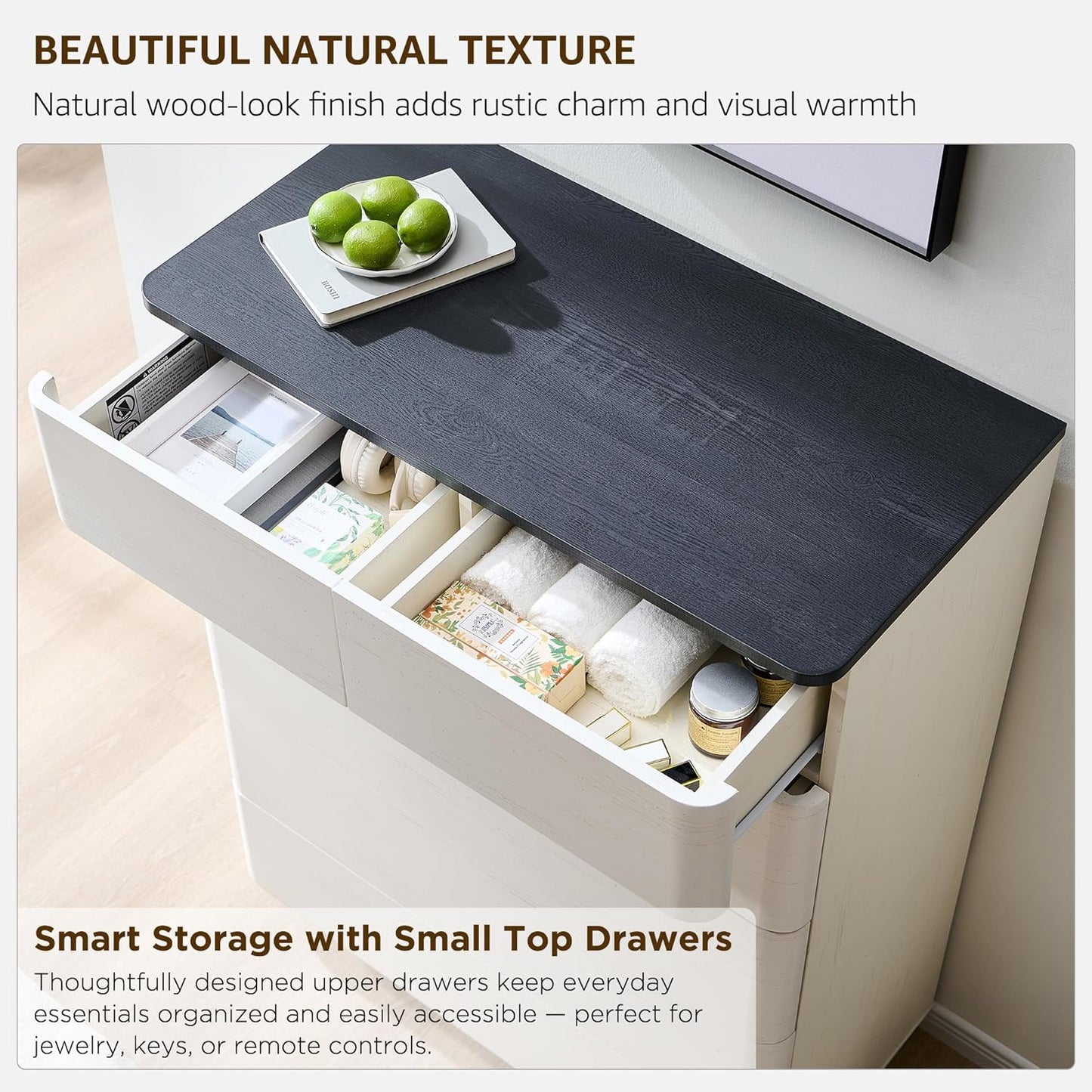 6 Drawer Dresser for Bedroom, 42 Inch Tall Modern Chest of Drawers, Push-to-Open Wood Storgae Organizer with Large Drawers for Bedroom, Living Room, Hallway,Off White
