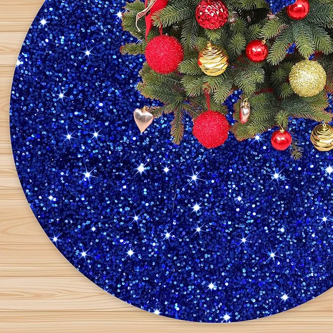 Royal Blue Christmas Tree Skirt 36 Inch Velour Sequin Christmas Tree Skirt Christmas Decorations for Thanksgiving Feast Sparkle Xmas Tree Skirts Round Sequin Christmas Tree Base Embroidered Tree Mat